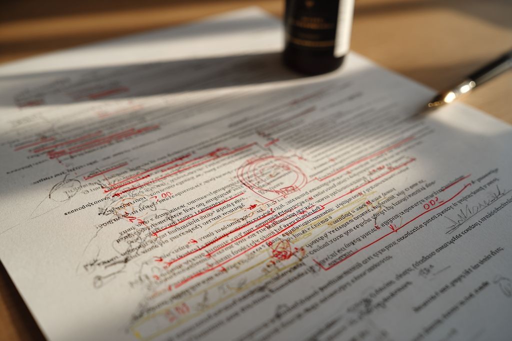 Image d'un close-up sur un document de propriété montrant des sections surlignées et des annotations pour une révision minutieuse avant l'acquisition.