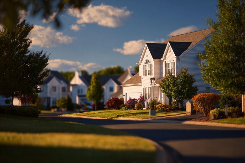 Vue paisible du quartier avec des maisons impeccables et des jardins sous le soleil radieux.