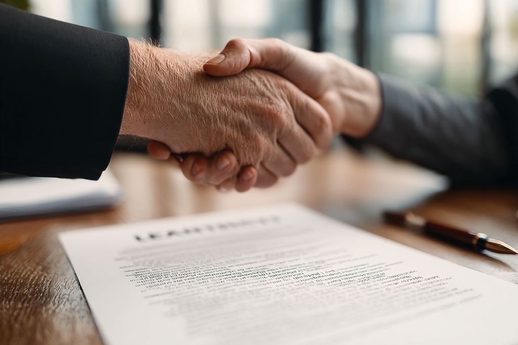 Poignée de main sur une table avec un contrat de location, symbolisant la confiance mutuelle.