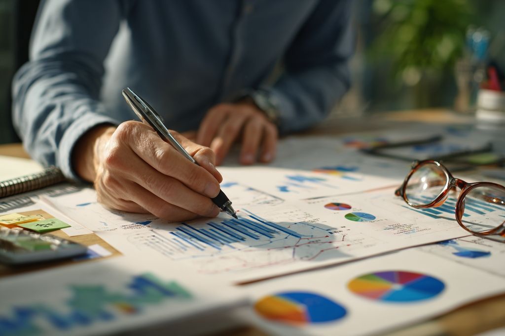 Un expert en finance examinant des graphiques financiers dans un contexte de bureau.