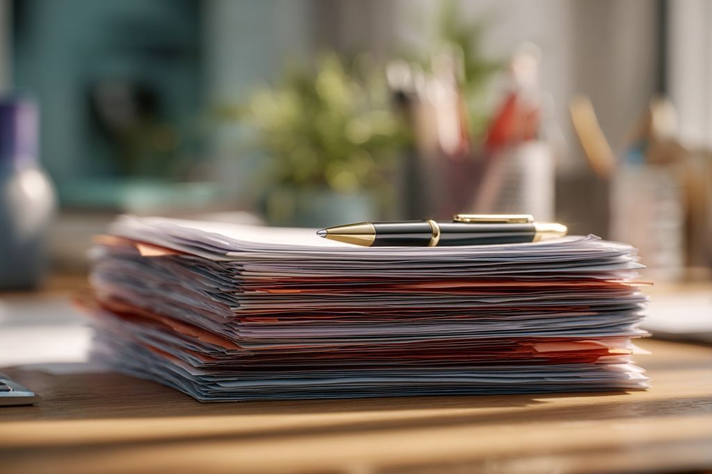 Pile de documents juridiques et permis sur un bureau avec un stylo