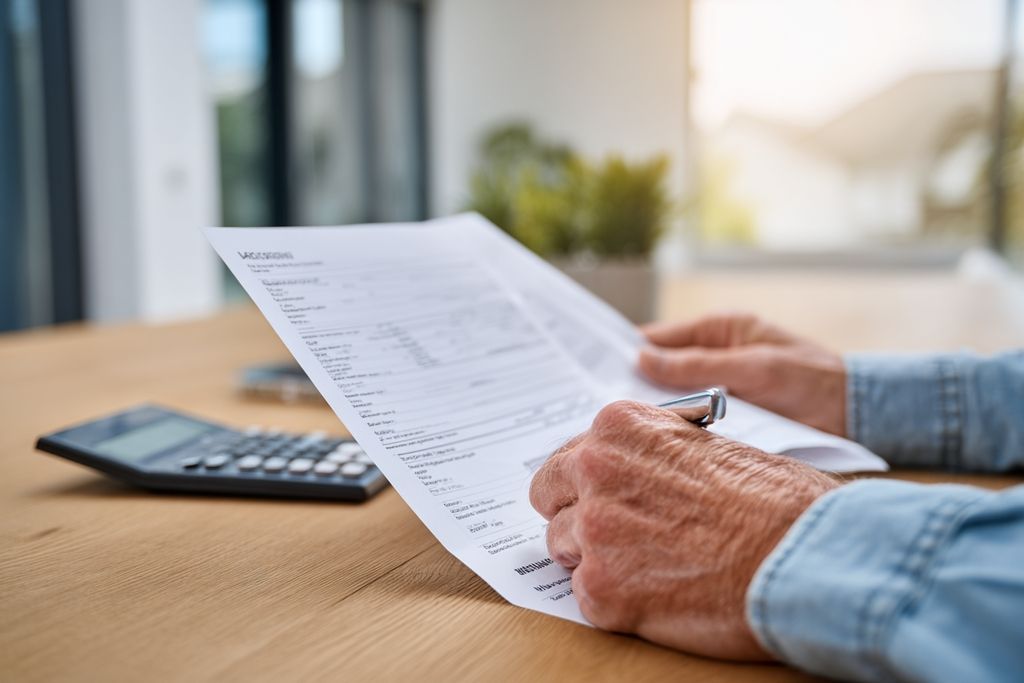 Mains avec des papiers d'évaluation immobilière et une calculatrice, illustrant la planification économique.