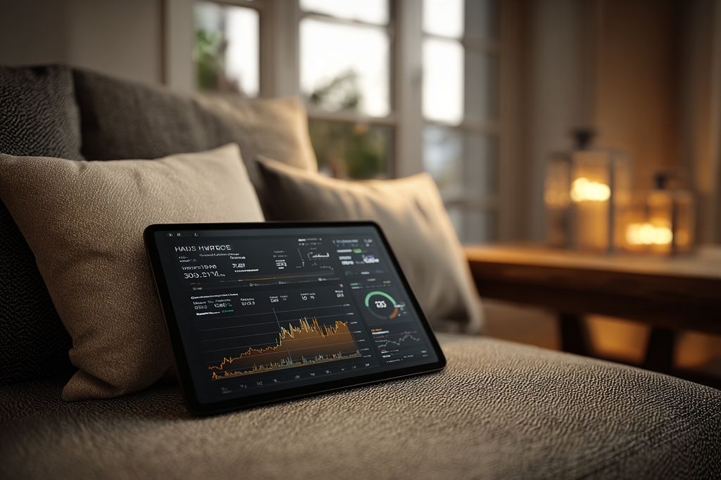 Image d'une tablette numérique montrant une analyse de marché et des tendances tarifaires près d'un canapé confortable.