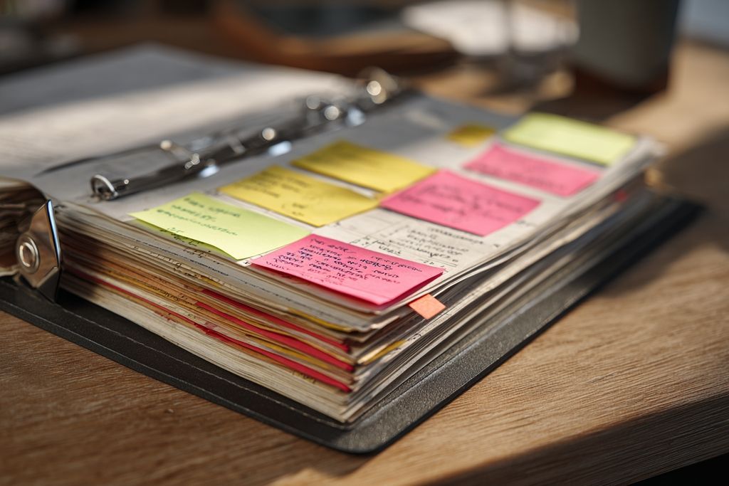Dossier organisé avec documents de location, surlignages et notes autocollantes