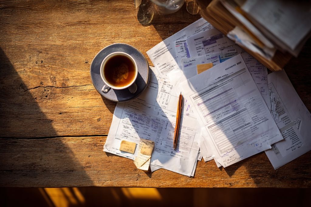 Image aérienne d'un bureau avec des documents financiers et une tasse de café