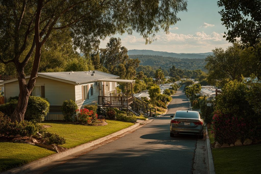 Image d'un paysage tranquille dans un parc de maisons mobiles, symbolisant le mode de vie des futurs locataires.