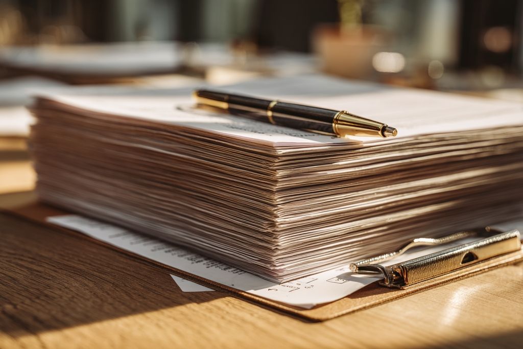 Visuel de contrats de location empilés avec documents et équipement d'écriture