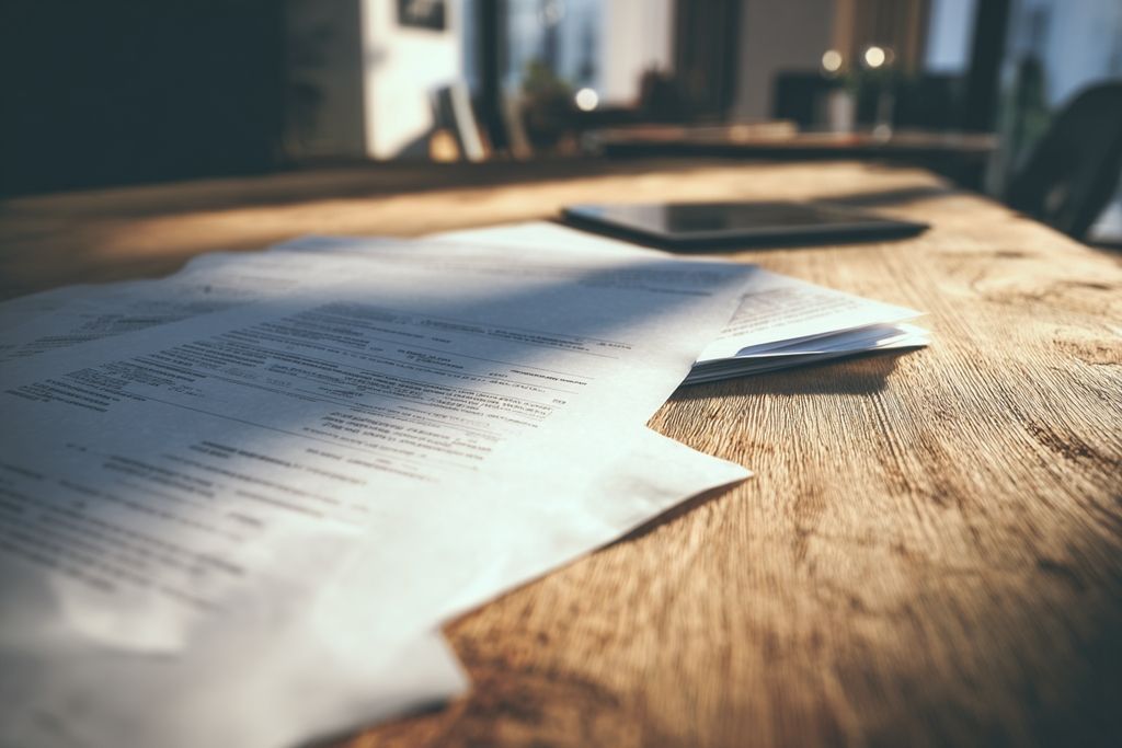 Gros plan de documents financiers liés à l'immobilier et aux impôts sur un bureau en bois.