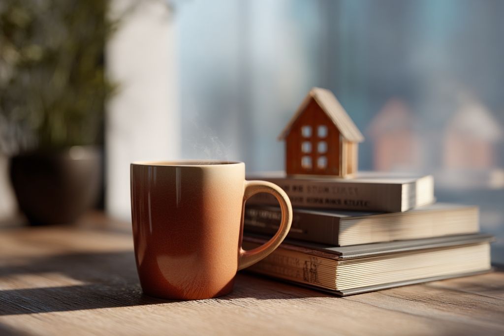 Espace de travail bien agencé avec café et livres sur l'investissement immobilier