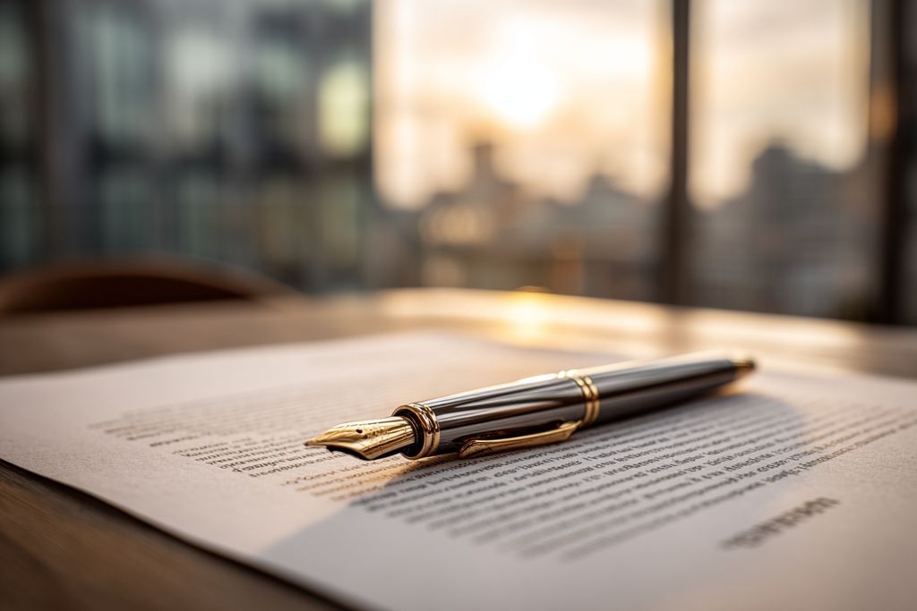 Bureau tranquille présentant un stylo sophistiqué et un contrat, mettant en valeur le sérieux professionnel dans le secteur immobilier.