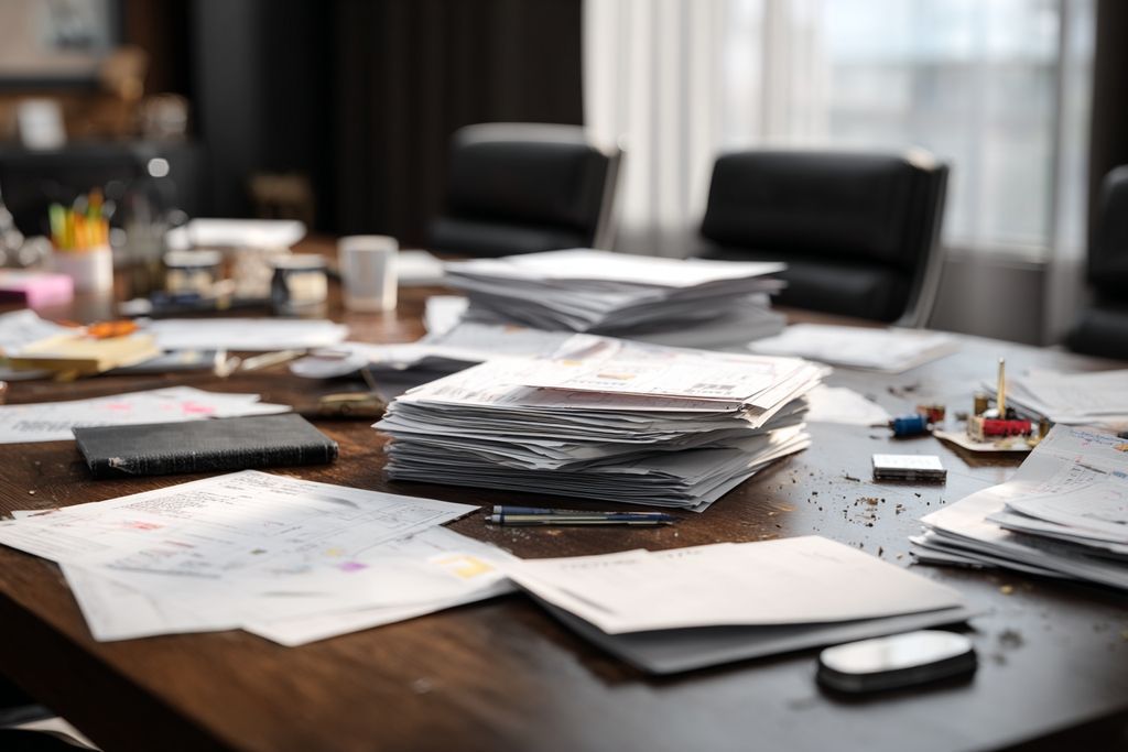 Image illustrant une table de réunion encombrée par différents rapports et documents montrant la désorganisation en gestion immobilière.