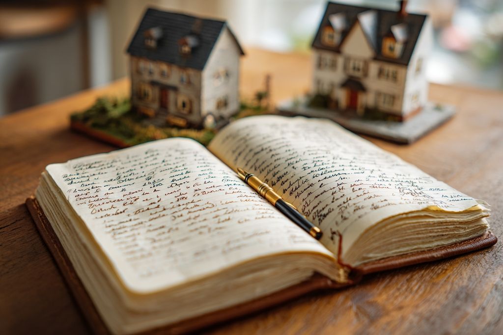 Image d'un carnet ouvert comprenant des notes manuscrites sur les coûts de transaction à côté d'une maquette de maison.