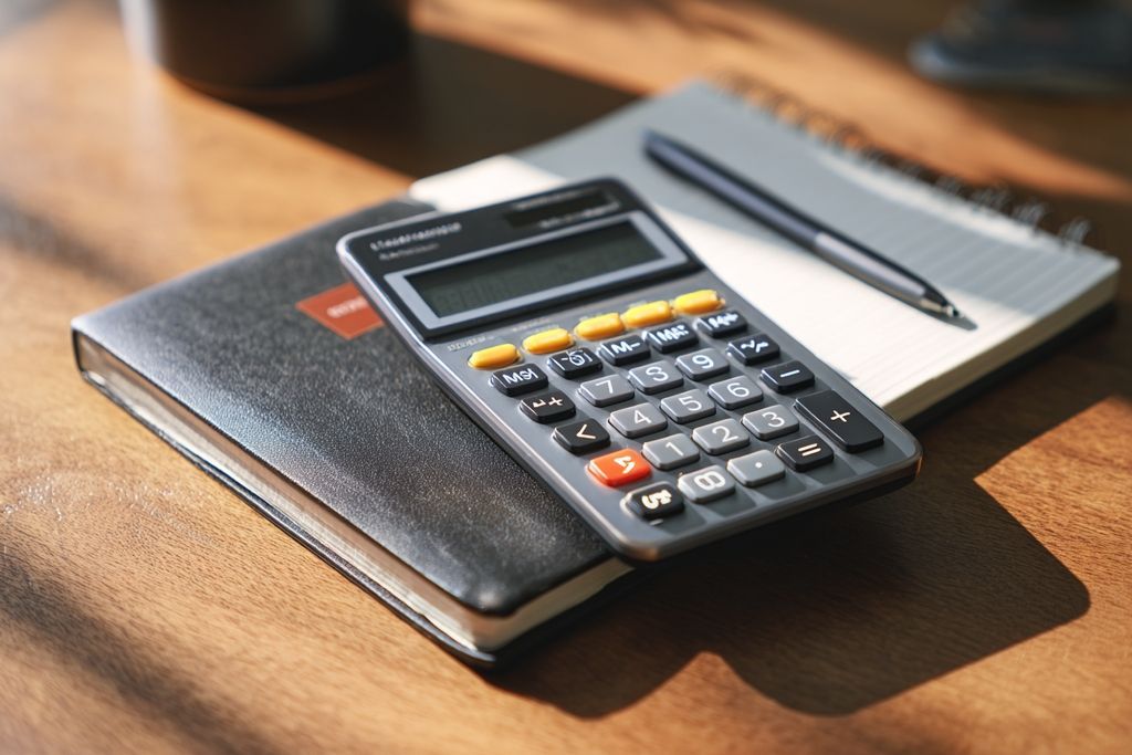Image représentant une calculatrice et un carnet sur une table, destinés aux calculs de budget pour les frais d'enchères.
