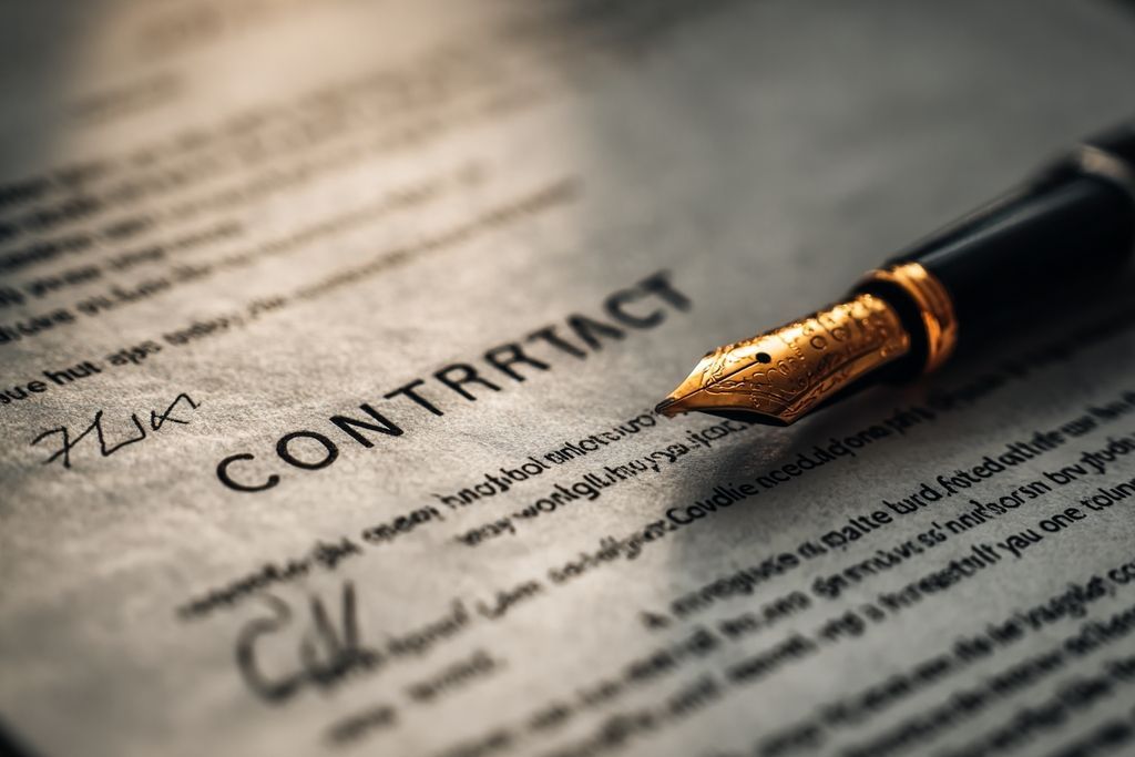 Image d'un contrat de construction avec des clauses importantes mises en valeur et un stylo à disposition.