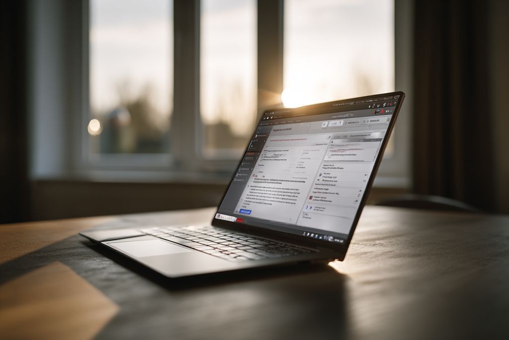 Image d'un ordinateur portable avec une plateforme juridique numérique pour les affaires commerciales, montrant des formulaires.