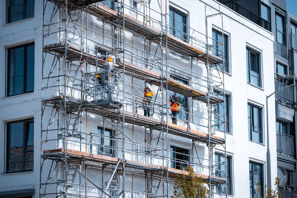 Travailleurs sur échafaudages rénovant la façade d'un bâtiment commercial