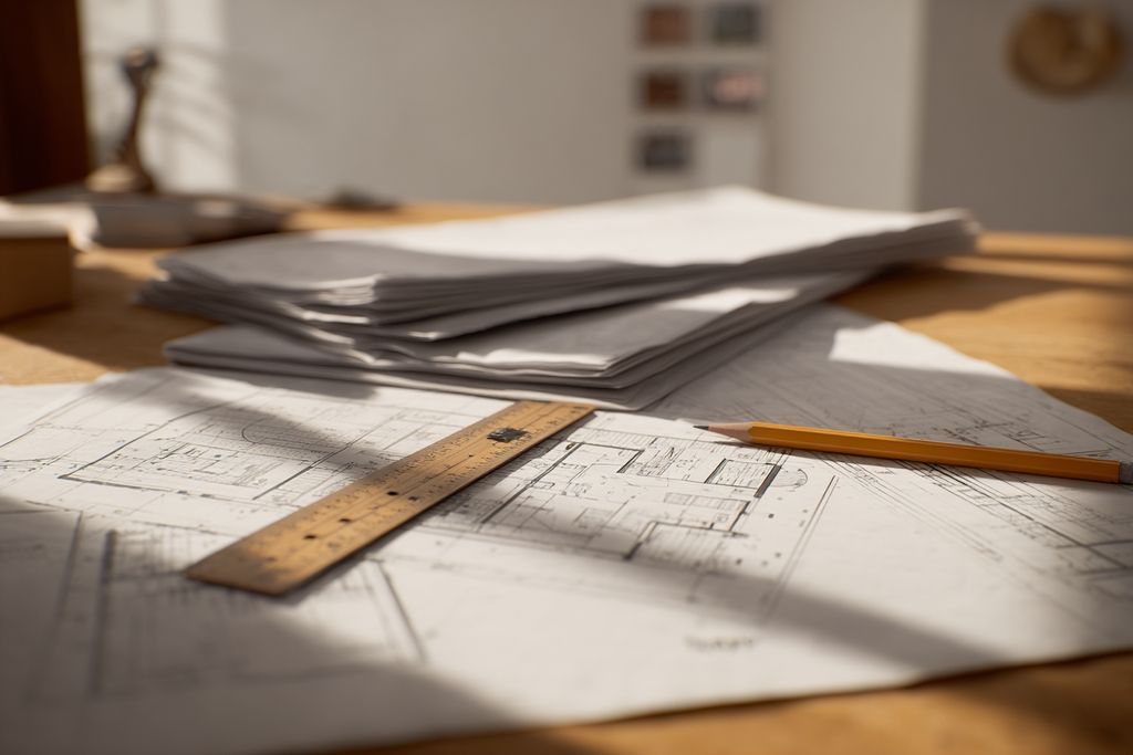 Plans d'architecture disposés sur une table avec un crayon et une règle pour l'échelle.