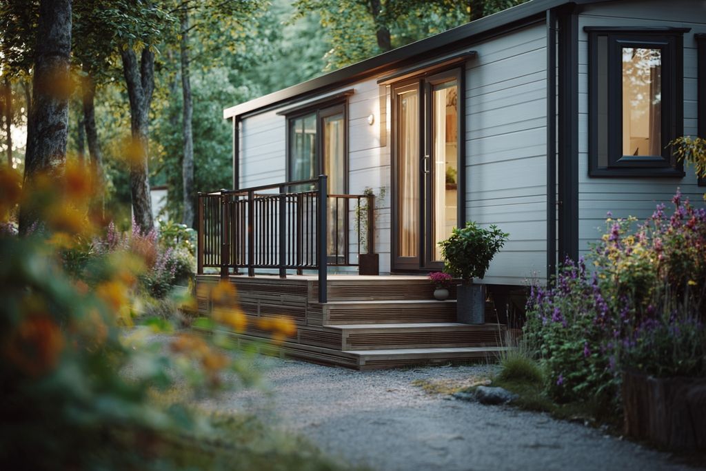 Gros plan de l'extérieur d'une maison mobile avec un design moderne et une entrée invitante.