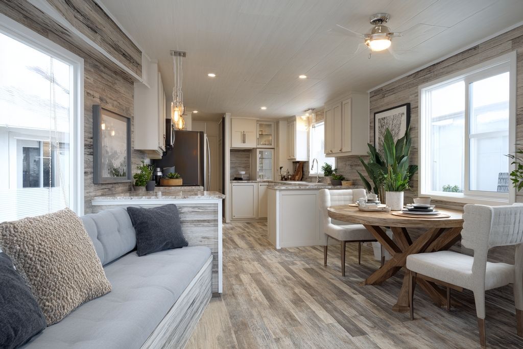 Espace de vie d'un mobil-home moderne avec décoration contemporaine et confort optimal.