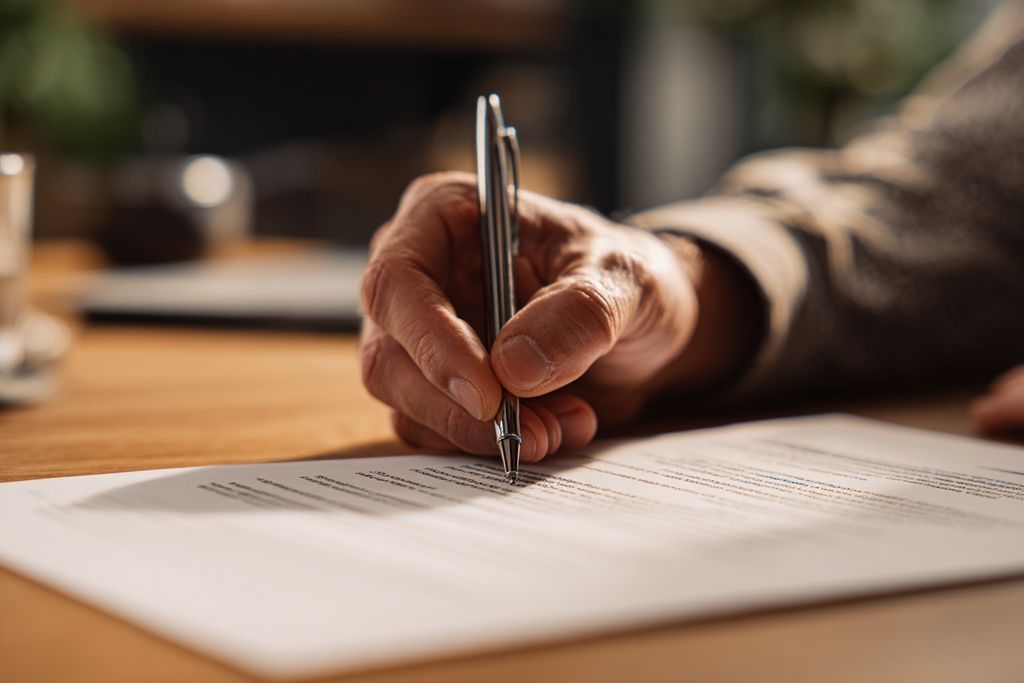 Personne examinant attentivement un accord de location dans un cadre de bureau accueillant