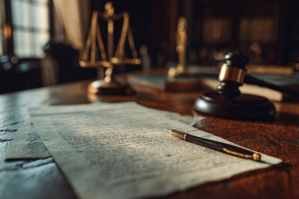 Documents légaux sur un bureau avec marteau et balances de justice.