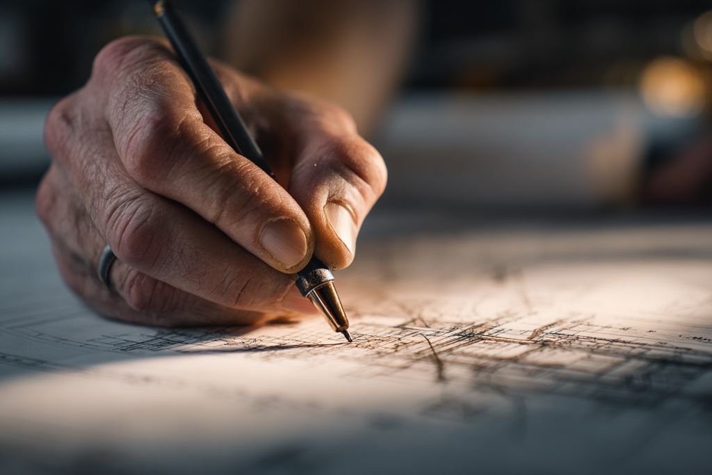 Un détail montrant une main scrutant et corrigeant des plans architecturaux, représentant l'importance d'un contrôle qualité méticuleux.