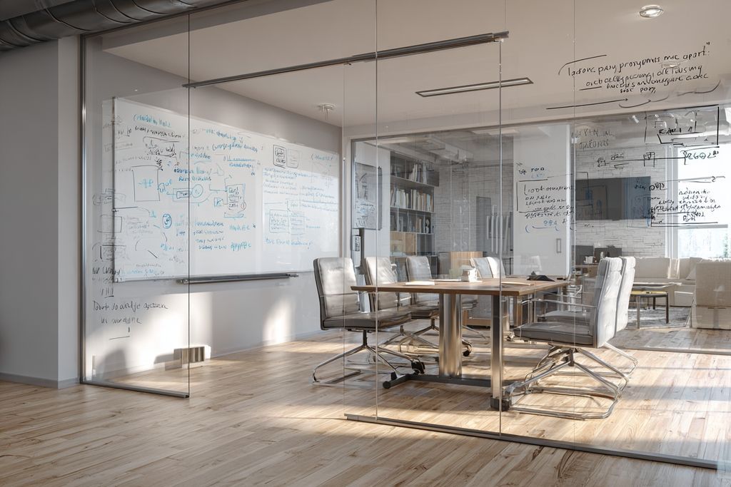 Salle de réunion moderne avec tableau blanc décrivant la gestion immobilière