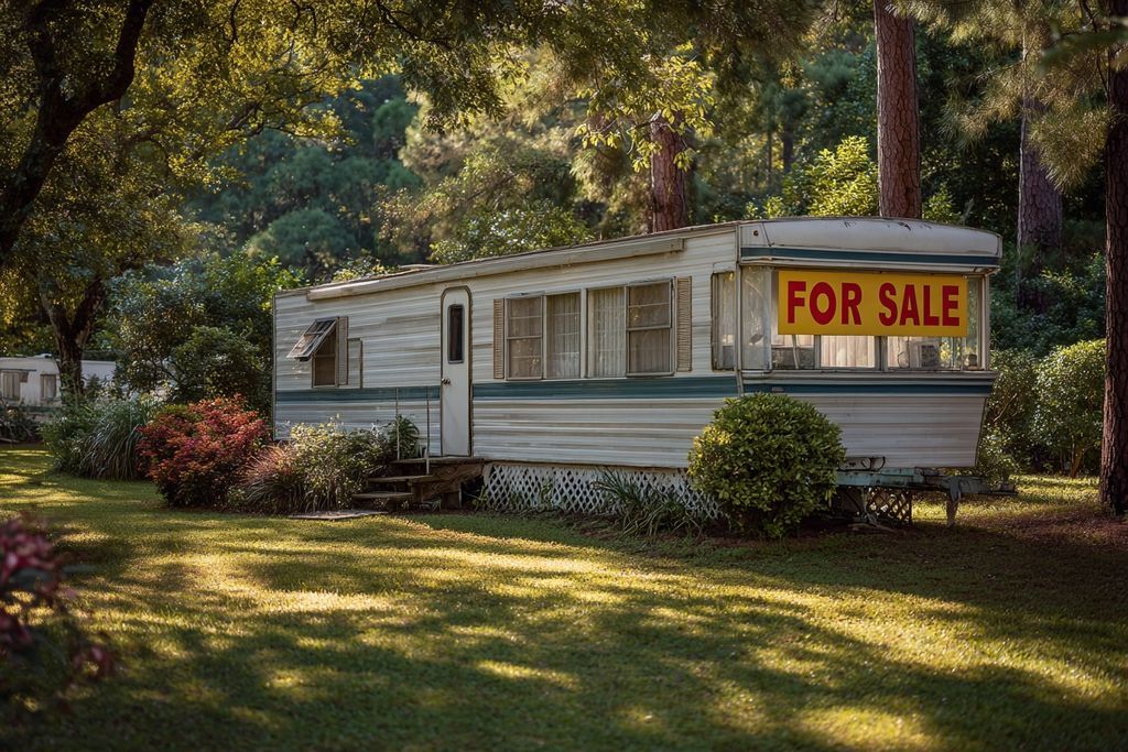 Vue extérieure d'une maison mobile avec un panneau "À Vendre" dans un cadre de camping paisible.