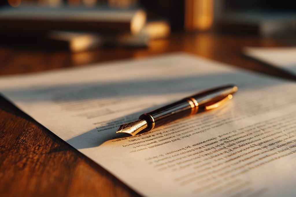 Image de documents juridiques avec un stylo sur une table, en attente de signature.