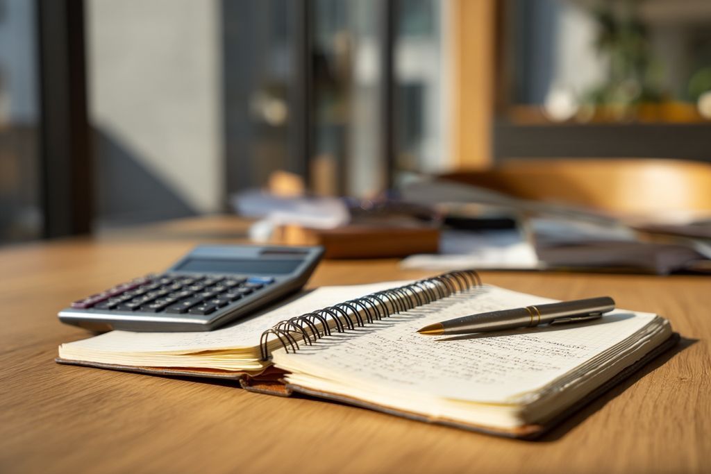 Un carnet avec des notes de location entouré d’accessoires de bureau