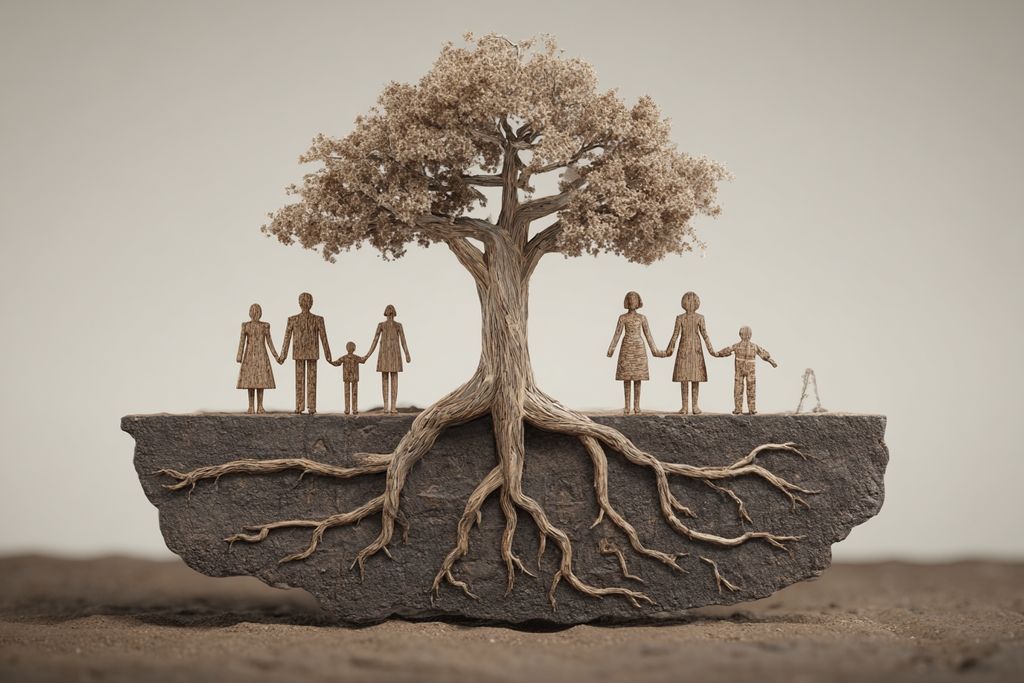 Image d'un arbre généalogique mettant en valeur les liens familiaux et les biens hérités à travers les générations.