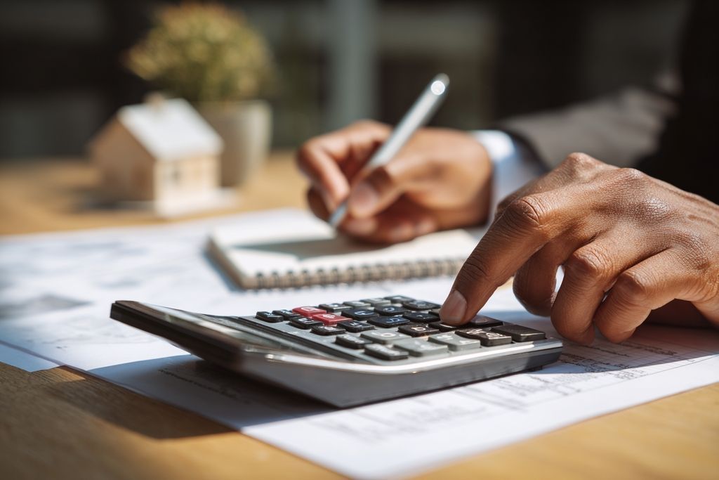 Personnes utilisant une calculatrice et un carnet pour examiner les données financières dans le secteur immobilier.