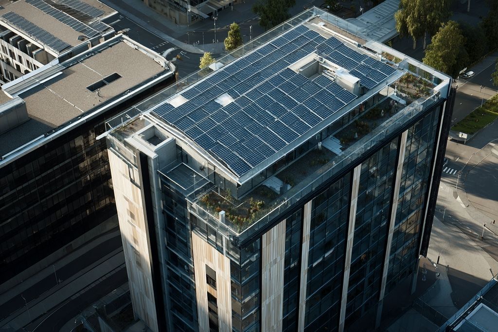 Vue d'un bâtiment moderne avec des panneaux solaires sur le toit par temps ensoleillé dans un environnement urbain.