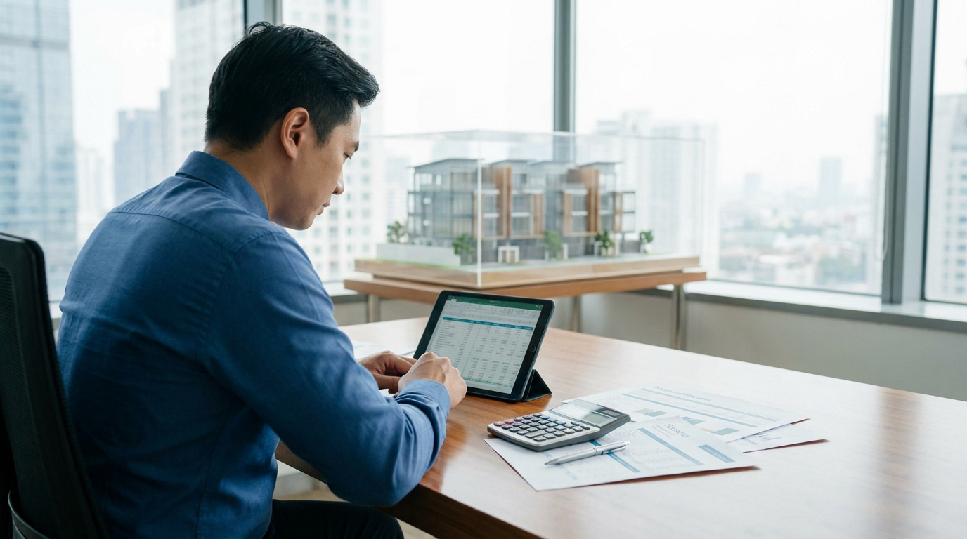 Un homme d'affaires analyse ses comptes immobiliers sur une tablette devant une maquette de bâtiment dans un bureau.
