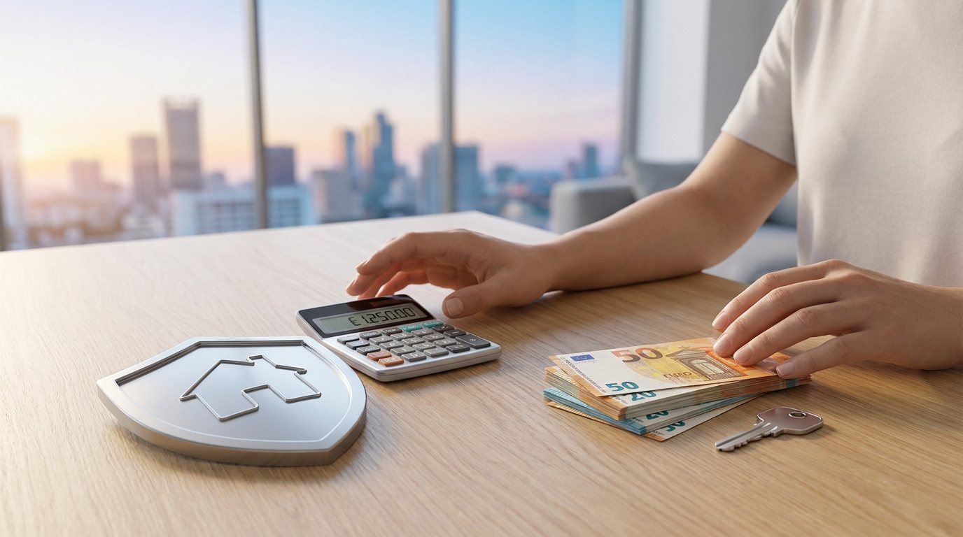 Une personne assise devant une table avec une calculatrice, des billets en euros, une clé et un bouclier en forme de maison.