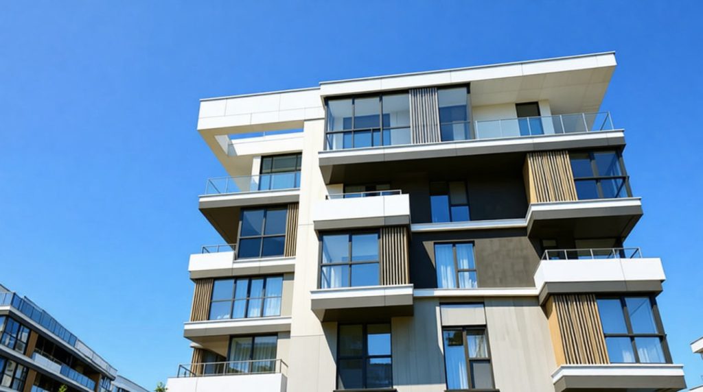 Façade d'un immeuble résidentiel moderne avec balcons sous un ciel bleu dégagé.